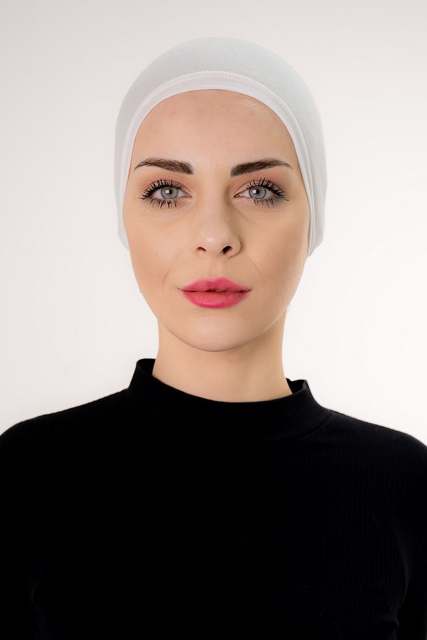 Şalcenneti.com-Practical White Color Bonnet with Snap Fastening Front Stitching 1