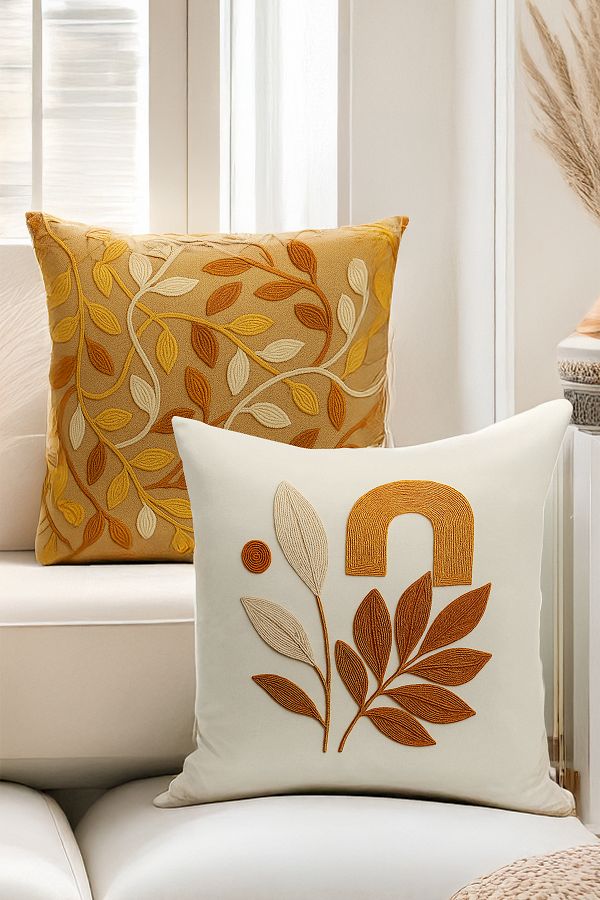 Bertille Home-Double Side Digital Printed Set of 4 Throw Pillow Covers (Punch/Punch Embroidery Pattern Look) 1