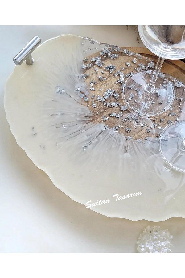 Sultan Tasarım-Gold Leaf Rectangular Wavy Patterned Two Person Promise Engagement Groom Presentation Epoxy Tray 18X28 cm 1