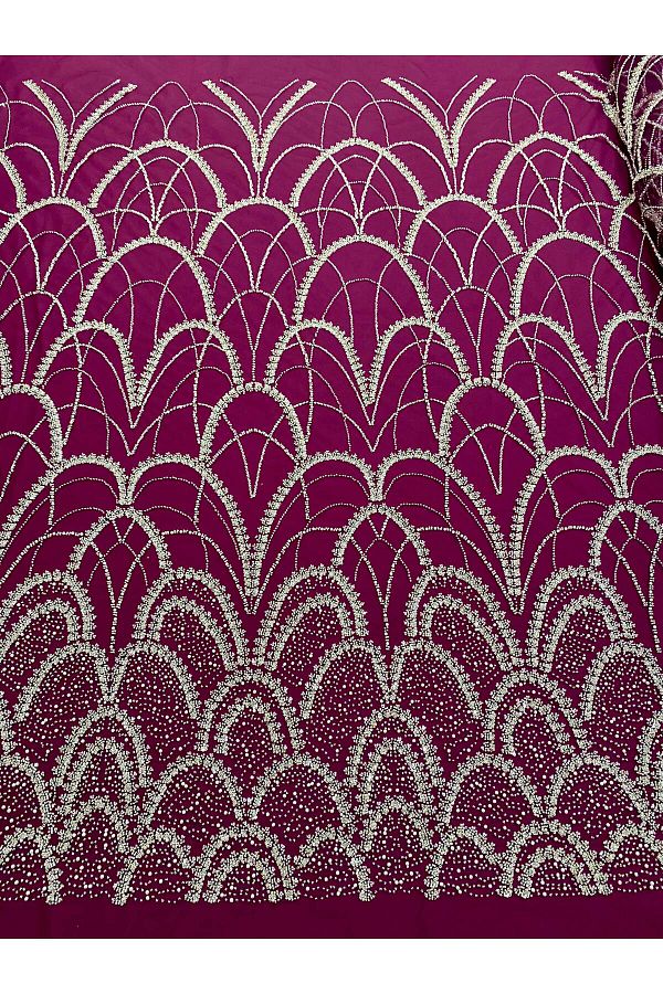 Luxuro-Silver Couture Lace with Dark Magenta Tulle with Geometric Pattern, with Pearls, Beads and Sequins 1