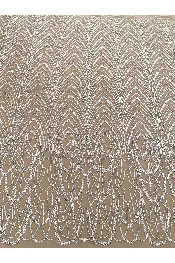 Luxuro-Ivory Couture Lace with Geometric Pattern with Beads and Sequins 1