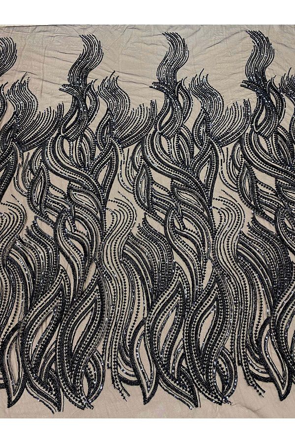 Luxuro-Black Couture Lace with Linear Pattern, Beads and Sequins 1