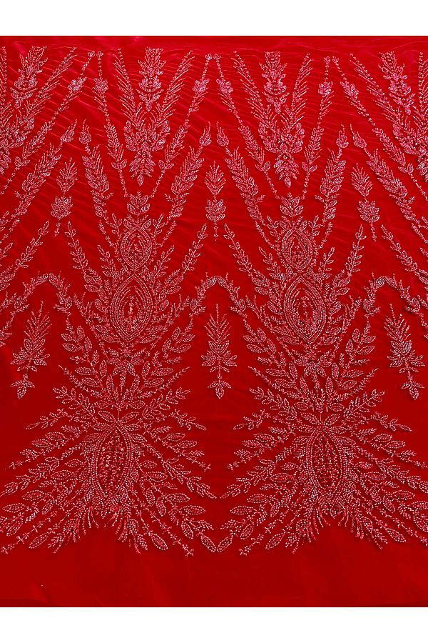 Luxuro-Red Couture Lace with Symmetrical Pattern, Beads and Sequins 1