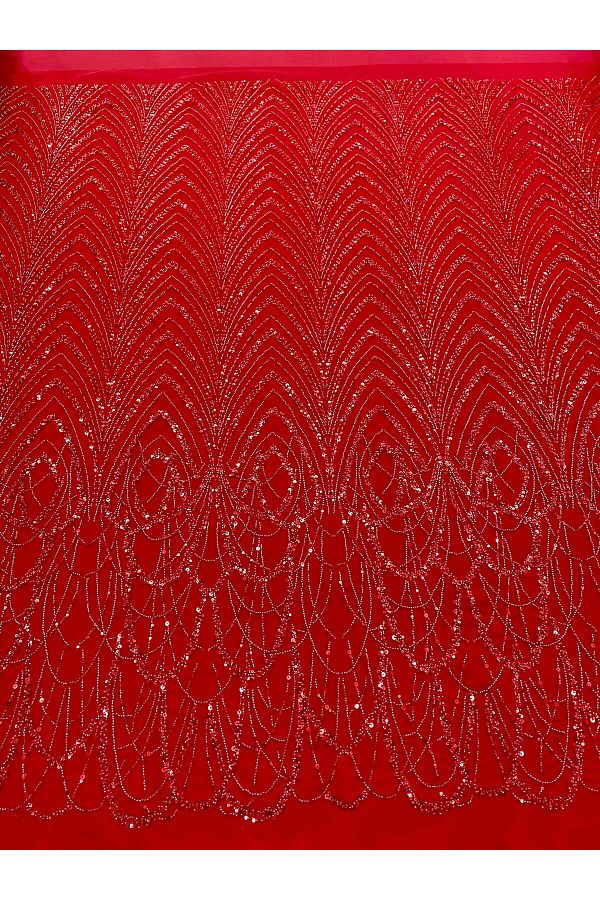 Luxuro-Red Couture Lace with Geometric Pattern with Beads and Sequins 1