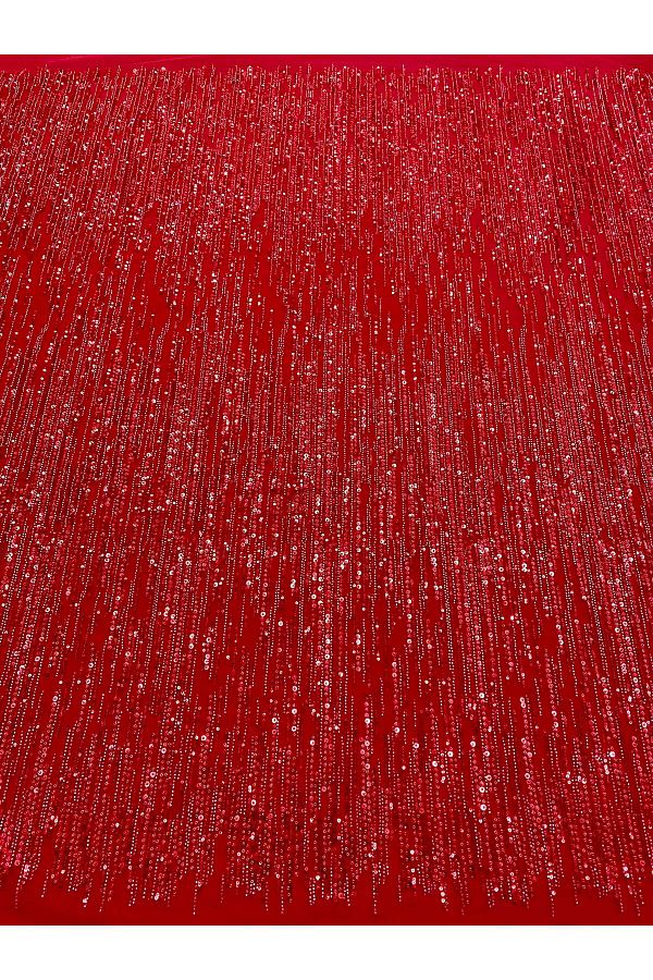 Luxuro-Red Couture Lace with Linear Pattern, Beads and Sequins 1