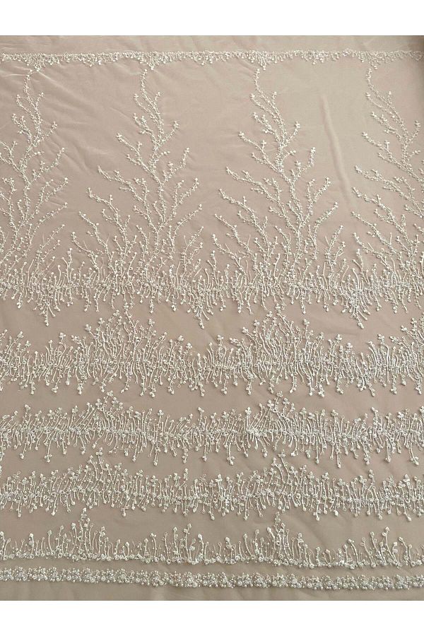 Luxuro-Ivory Couture Lace with Geometric Pattern, with Pearls, Beads and Sequins 1