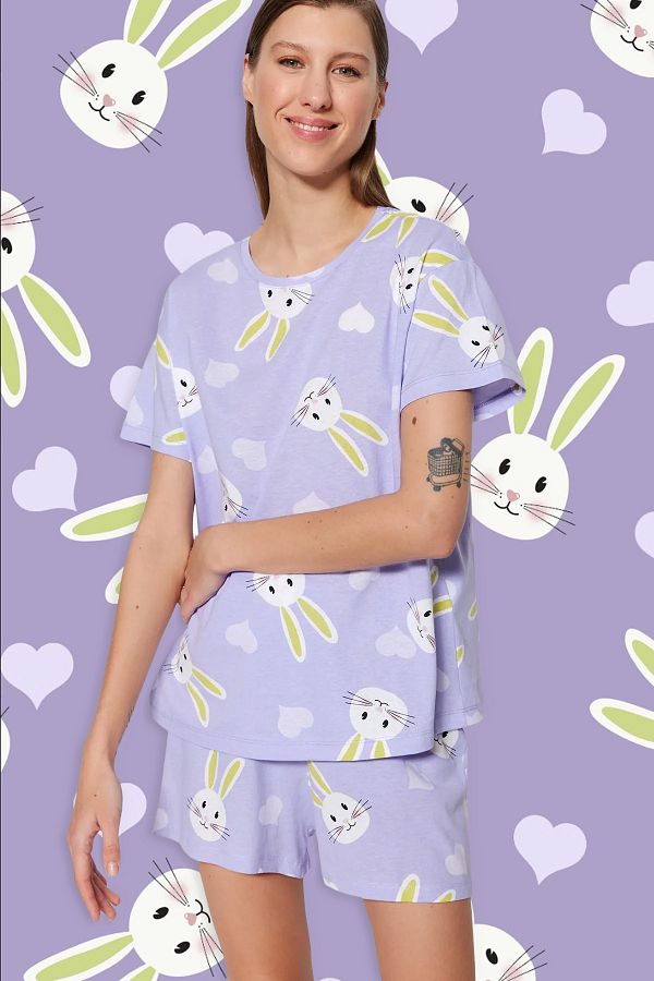 Trendyol Collection-Set pyžama se vzorem srdce Lilac Bavlna Rabbit - Tričko a šortky THMSS23PT00005 1