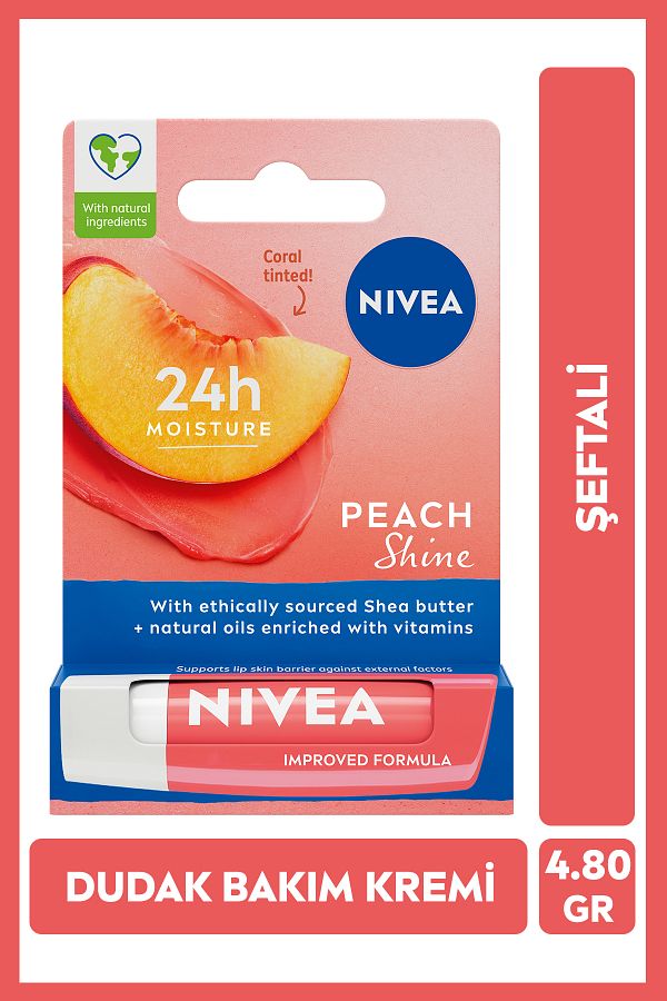 NIVEA-Peach Moisturizing Lip Care Cream and Gloss 4.8Gr, Peach Flavor, Shimmering Coral Color 1