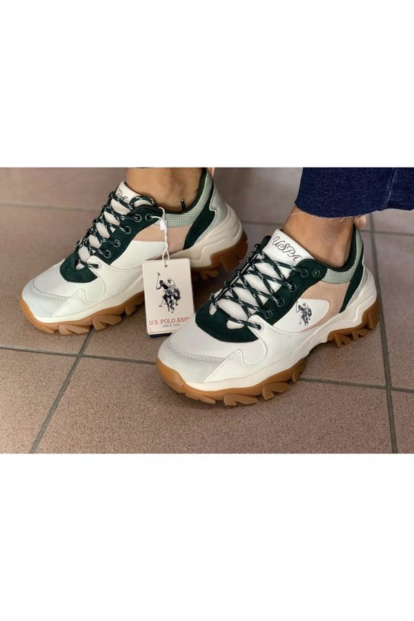 U.S. Polo Assn.-قاعدة. بولو أسن. حذاء رياضي نسائي - حذاء رياضي مريح باللونين الأبيض والأخضر 1