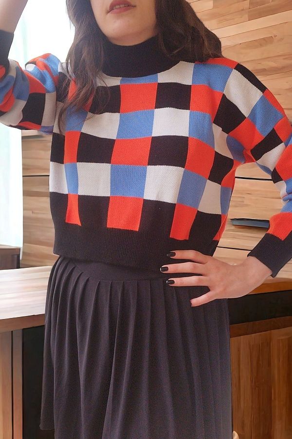 Aslında Look-Long Sleeve Knitwear Sweater - Checkered Pattern and Checked - Make Images Reference - Add Elegance to Your Elegance 1