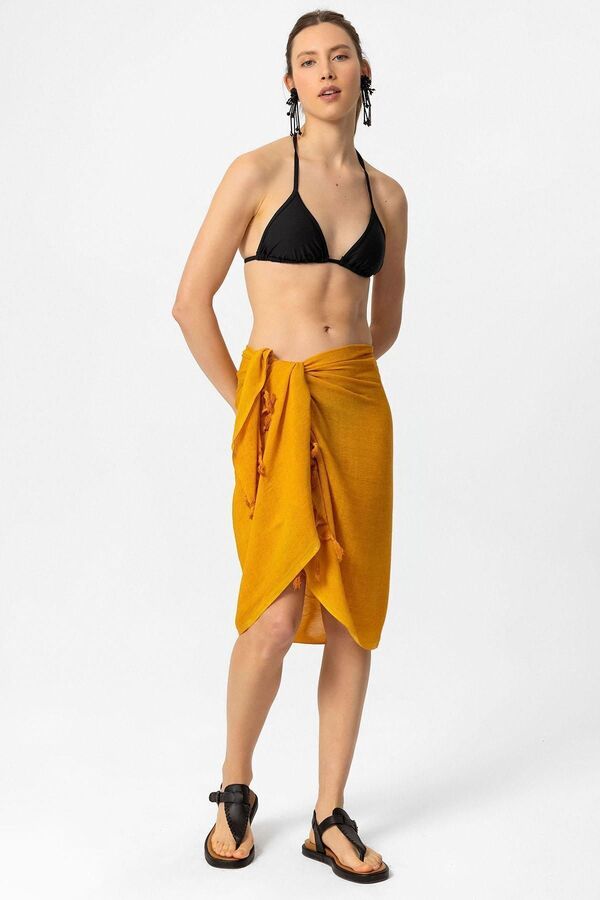 Deriderim-Dark Yellow Şile Cloth Tassel Detailed Waist Tie Summer Beach Cotton Pareo 1