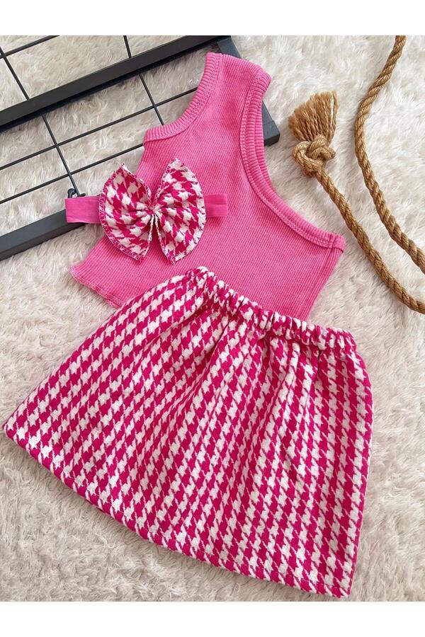 BAHNUR Bebek Fuşya Kazayağı Etek Pembe Tek Kol Crop Ve Bandana Seti Takımı