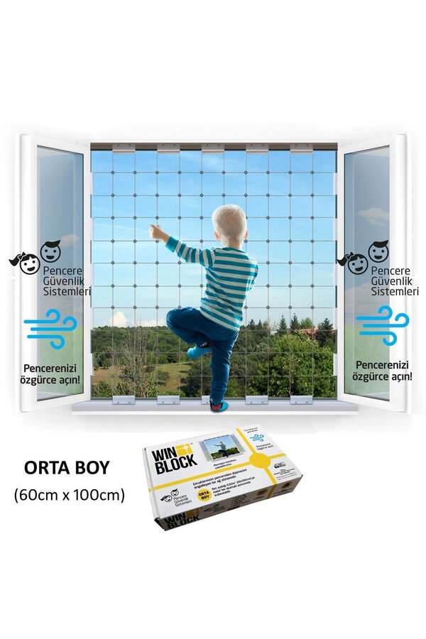 WINBLOCK Orta Boy (60X100 CM) - Çocuklar Için Pencere Çelik Güvenlik Ağı – Yeni Nesil Korkuluk - Beyaz Profil