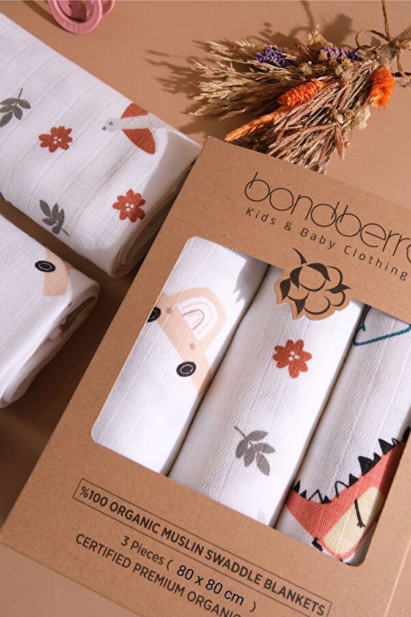 Bondberro Çok Amaçlı Müslin Örtü & Battaniye 3'lü Set %100 Pamuk Oeko-teks Sertifikalı 80x80 Cm