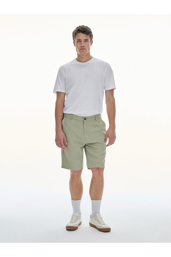 Ltb-Linen Look Regular Midi Green Shorts 1