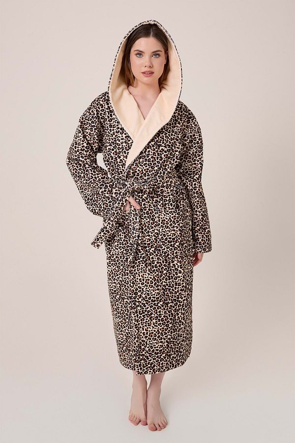 VEVİEN HOME-Leopard Patterned Digital Printed Hooded Bathrobe 1