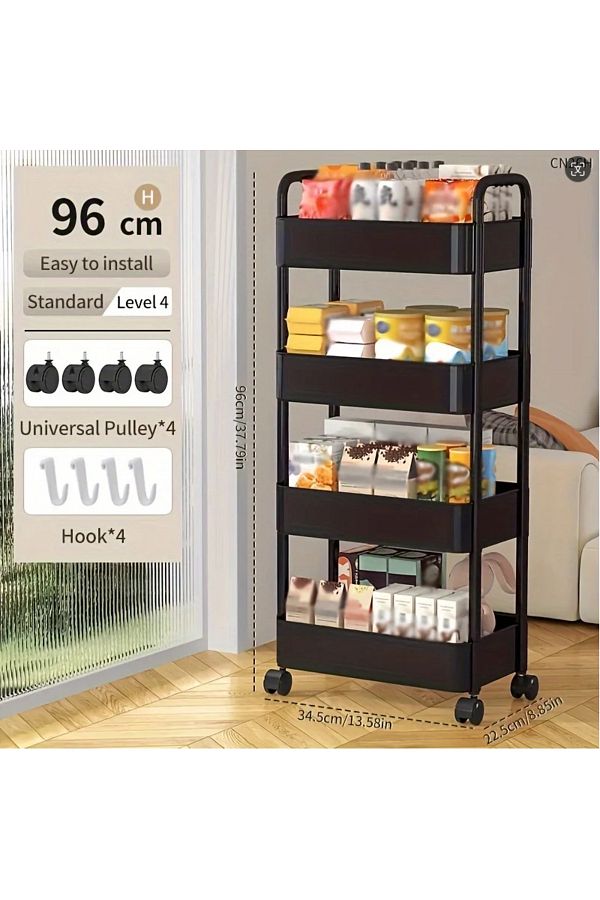 Choice-Black 4-layer 1 PC 3-Layer Rolling Plastic Storage Cart with Armrests - Space-Efficient Multi-Room O 1