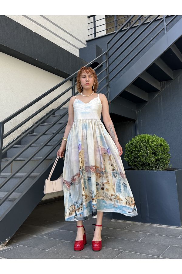 Bak'ap-Premium Istanbul Printed Thin Strap Long Flounce Dress 1