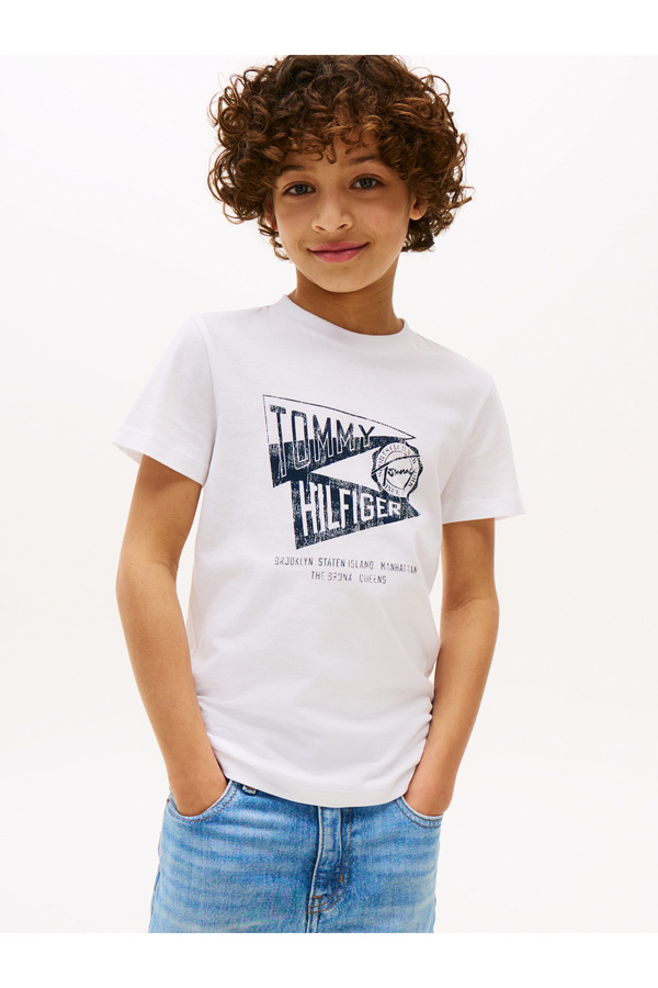 Tommy Hilfiger-Boys White Textured Graphic Print Short Sleeve T-Shirt 1
