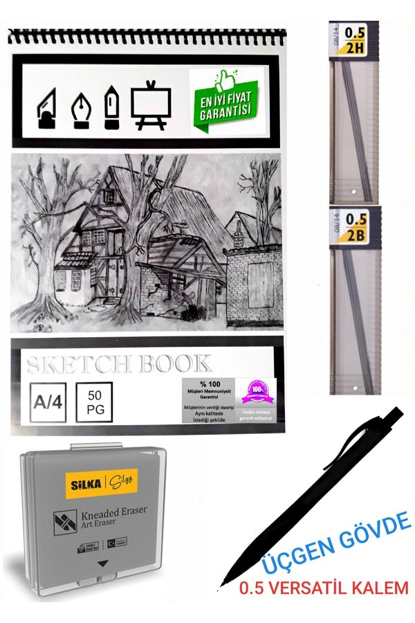 Yuka-Charcoal Drawing Set A4 Sketchbook 0.5 Versatile Pencil + 2H,2B Nib and Painting Eraser 1