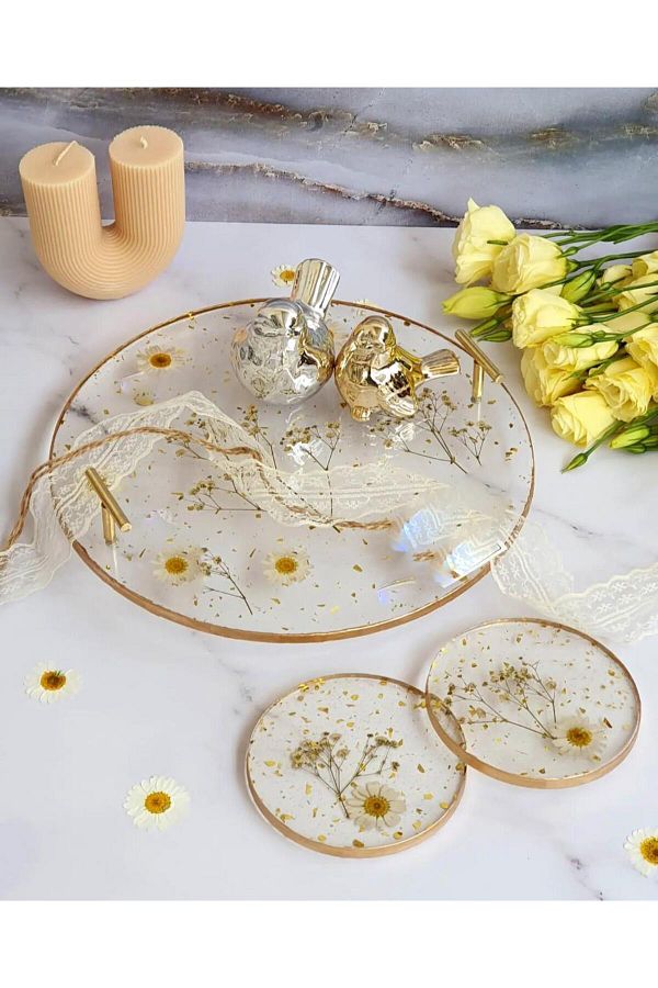 Sultan Tasarım-Gold Leaf Rectangular Wavy Patterned Two Person Promise Engagement Groom Presentation Epoxy Tray 18X28 cm 1
