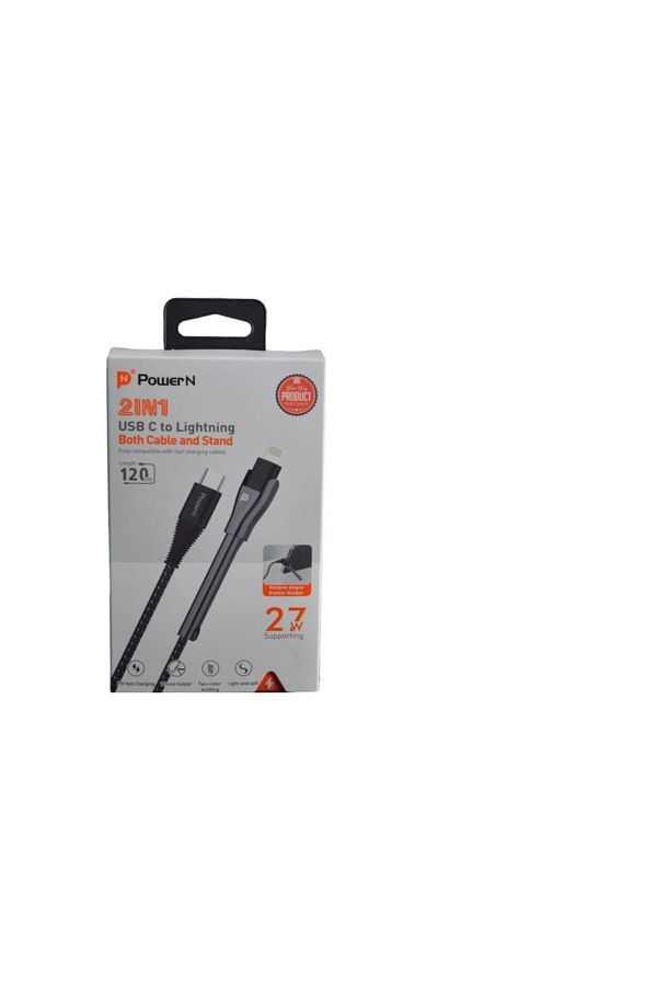 Power N-كابل 2 في 1 USB-C إلى Lightning مع حامل - 27 واط - 120 سم - أسود 1