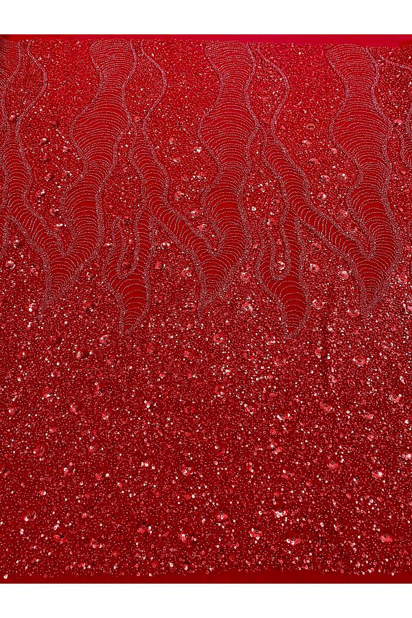 Luxuro-Red Couture Lace with Geometric and Floral Pattern, with Beads and Sequins 1