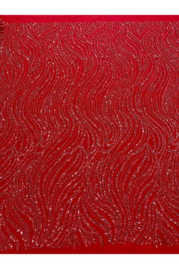 Luxuro-Red Couture Lace with Linear Pattern, Beads and Sequins 1