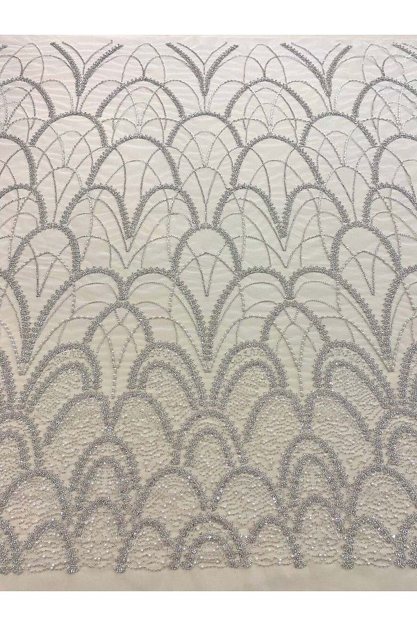 Luxuro-Silver Couture Lace with Geometric Pattern, with Pearls, Beads and Sequins 1