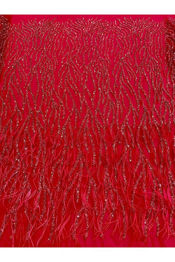 Luxuro-Red Couture Lace with Ostrich Feathers, Strings, Beads and Sequins 1