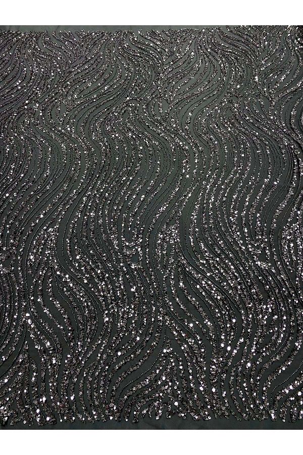 Luxuro-Anthracite Grey Couture Lace with Linear Pattern, Beads and Sequins 1
