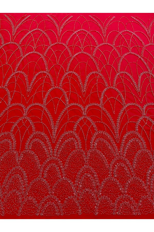 Luxuro-Red Couture Lace with Geometric Pattern, with Pearls, Beads and Sequins 1