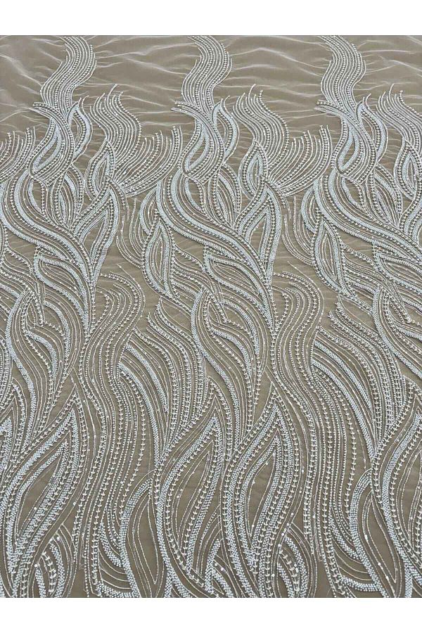 Luxuro-Ivory Couture Lace with Linear Pattern, Beads and Sequins 1