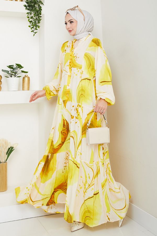InStyle-Digital Print Pattern Viscose Dress Yellow 1