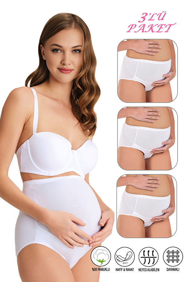 ÖZKAN underwear Özkan 23582 3'lü Paket Kadın Beyaz Renk Pamuklu Likralı Süprem Hamile Lohusa Yüksek Bel Bato Külot