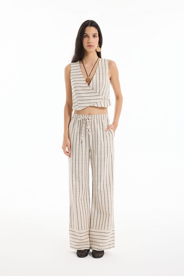 Quzu-Pantaloni Palazzo din in cu model de dungi Detaliu la gleznă Natural 1