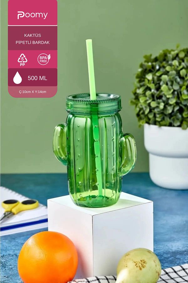 Poomy-500 Ml Cactus Shaped Glass with Straw 1