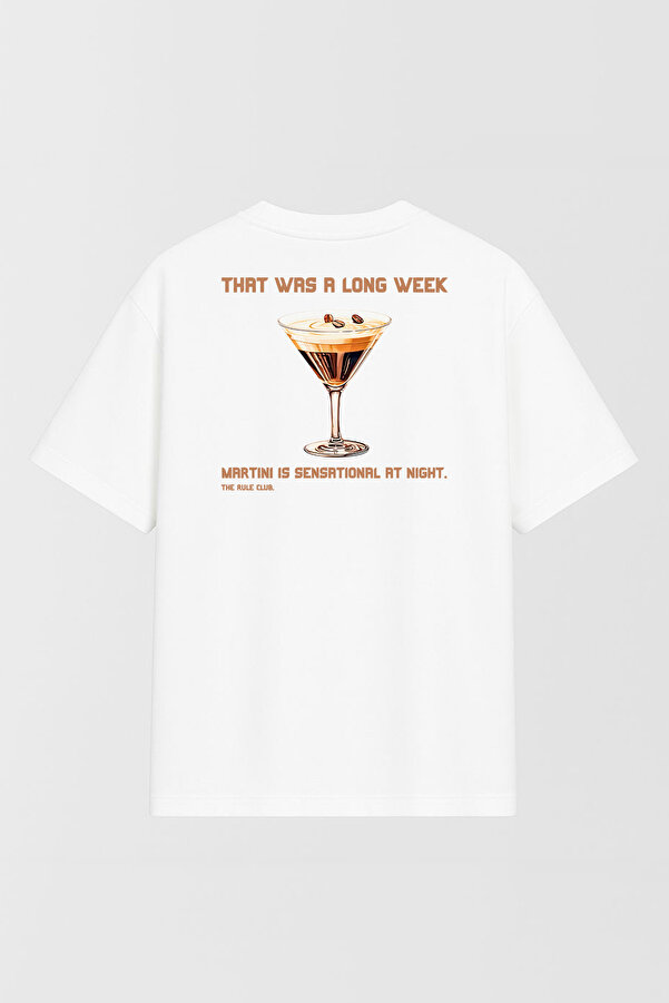 Unisex Cocktail Baskılı Oversize %100 Pamuk Geniş Kesim Dokulu Bisiklet Yaka Beyaz T-Shirt RF0513