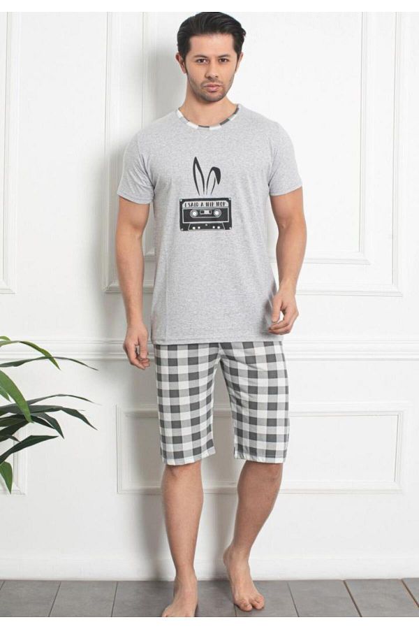 TOSKI-Men's Cotton Pajamas - Short Sleeve and Three Quarter Pants, Hip Hop, gray 1