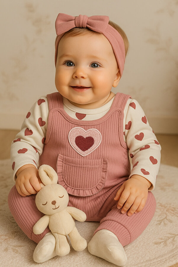 NAFİTTO Kalpli Kız Bebek Tulum 3’lü Tulum Seti – Kollu Zıbın, Cepli Tulum ve Çorap | 3-6-9 Ay Bebek Kıyafeti