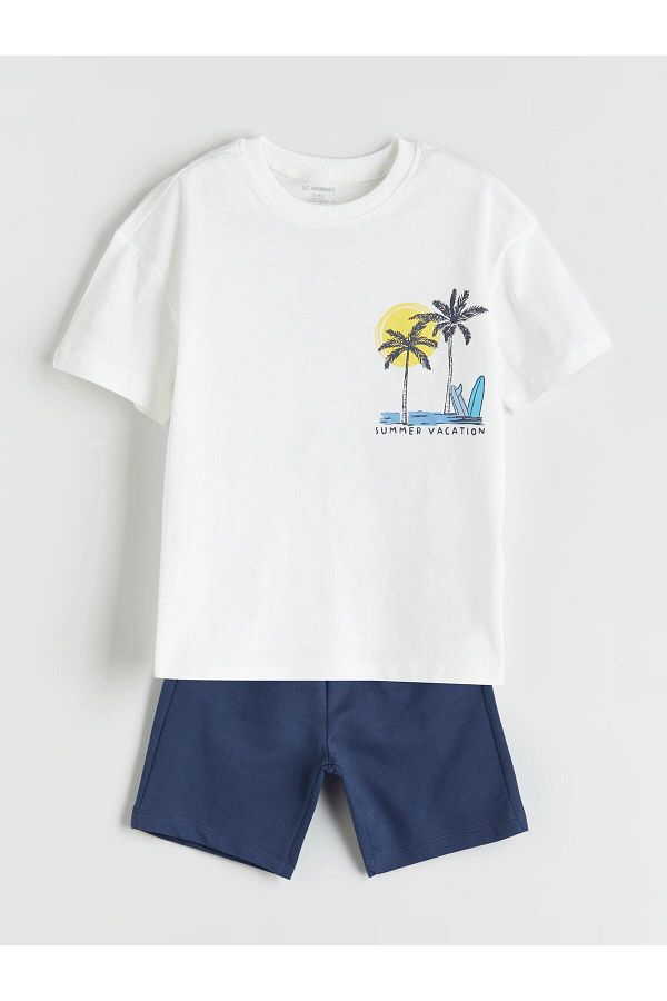 LC Waikiki-Ecru California Printed Boys' T-Shirt and Shorts 2-Piece Set 1