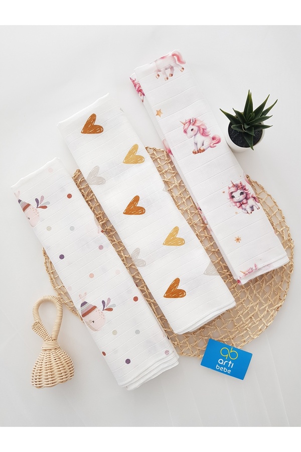 artıbebe 3’lü Müslin Örtü Seti | %100 Pamuk Müslin Bez | Bebek Kundak, Omuz Bezi, Emzirme Örtüsü | Artı Bebe