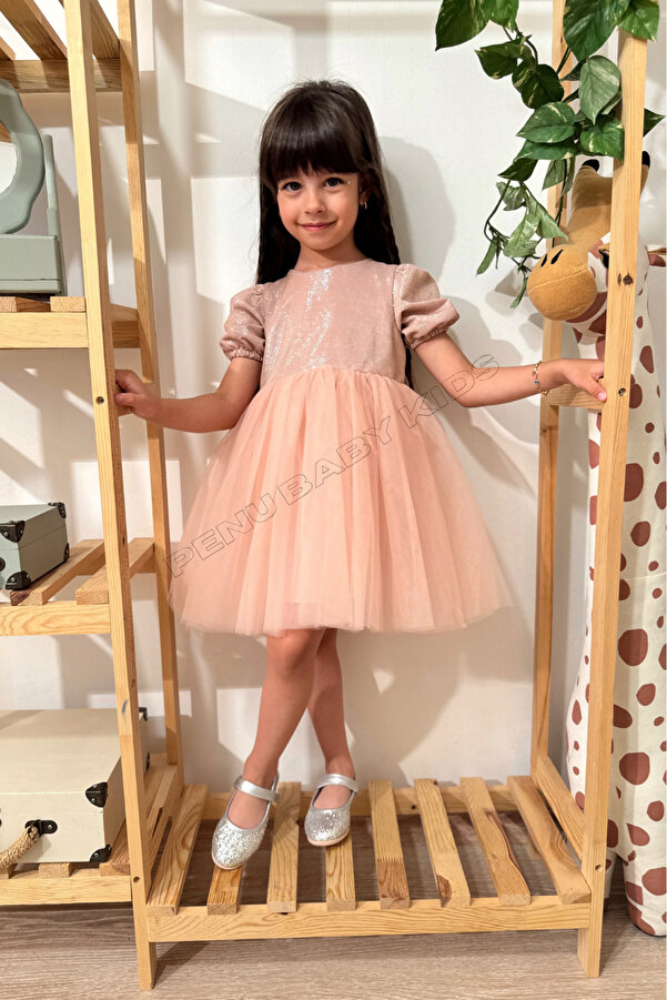 penu baby kids Pudra Kısa Balon Kumaş Kol Detaylı Altı Tütülü Kız Bebek Elbise