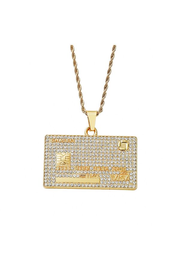 Tessero-Lantisor model Rope Hip Hop cu pandantiv Iced Out in forma de card bancar, pietre zirconiu, otel ino 1