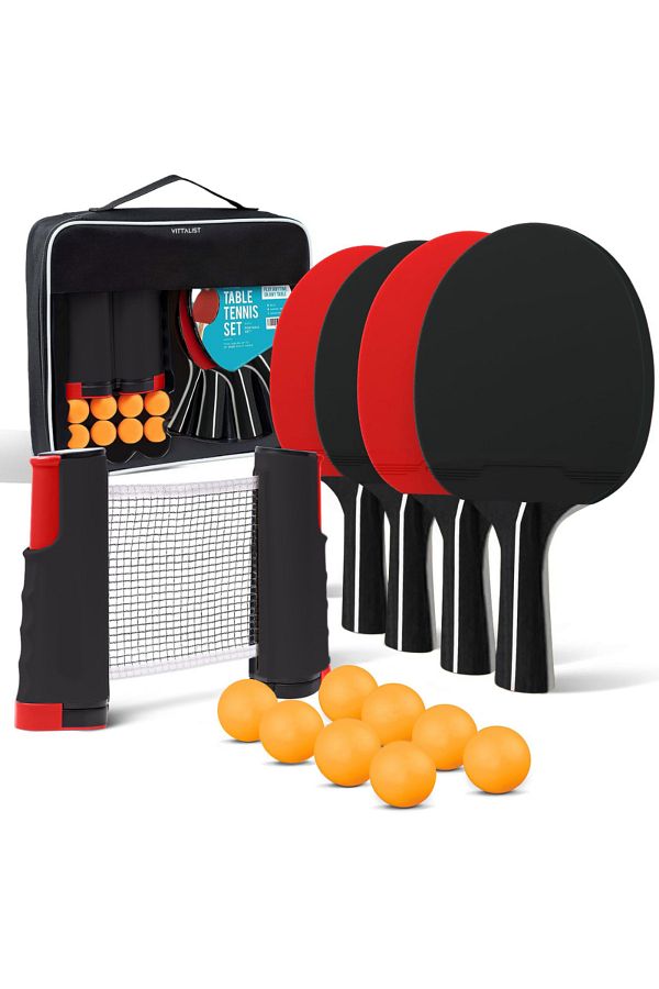Vittalist-Complete Ping Pong Set, 4 Table Tennis Paddles, 8 Balls, Retractable Net and Carrying Bag, Red 1