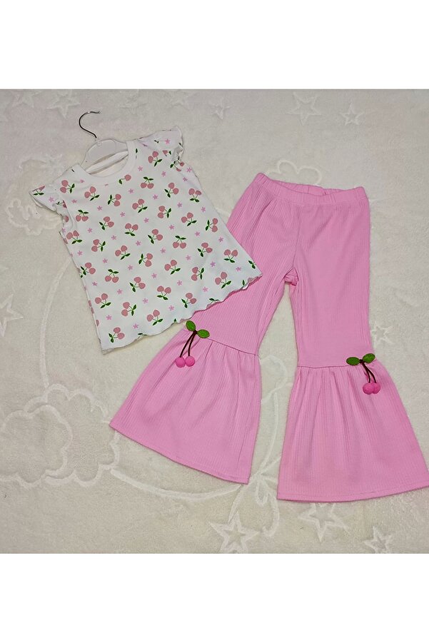 ALFA AKSESUAR 03 1-2-3-4 Yaş Kiraz Baskılı Tişört İspanyol Paçalı Likralı 2li Kız Çocuk Takımı Pembe