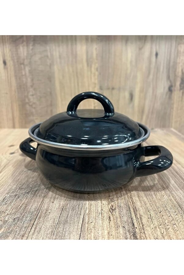 abnturk 16 Cm Siyah Küçük Boy Emaye Tencere Bebek Mama Yemek Tenceresi
