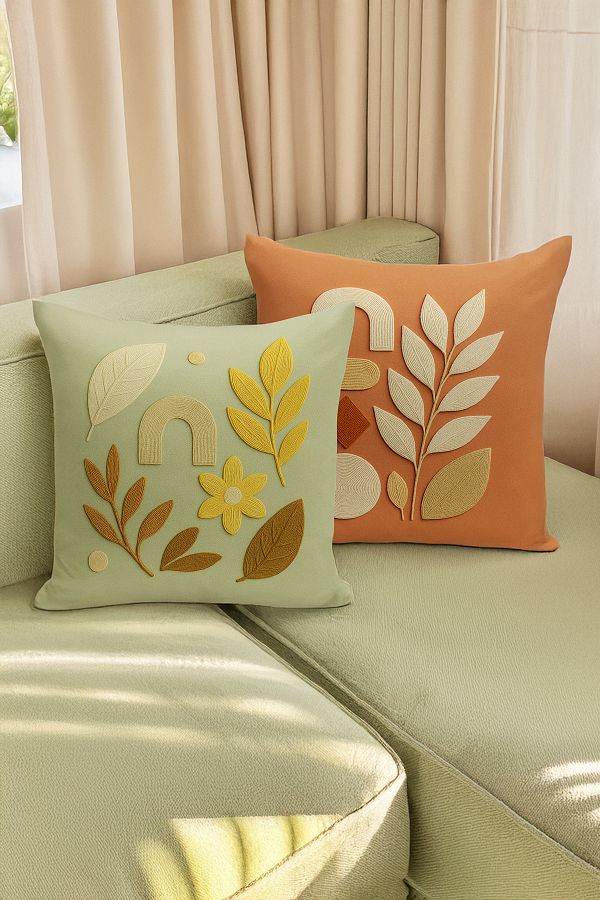 Bertille Home-Double Side Digital Printed Set of 4 Throw Pillow Covers (Punch/Punch Embroidery Pattern Look) 1