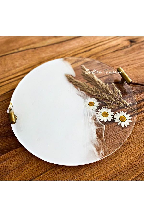 Sultan Tasarım-Gold Foil Rectangular Wavy Patterned Two-Person Promise Engagement Groom Presentation Epoxy Tray 24 cm 1