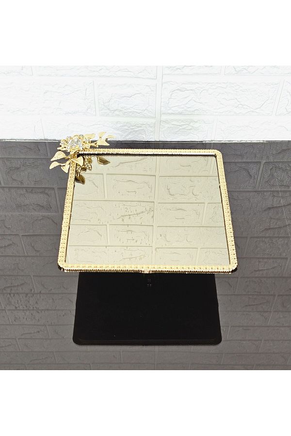 atabey home-Bronze Glass Large Square Serving Plate-Presentation Plate-Word Tray-Presentation Tray-Dumped Gold Frame 27cm 1